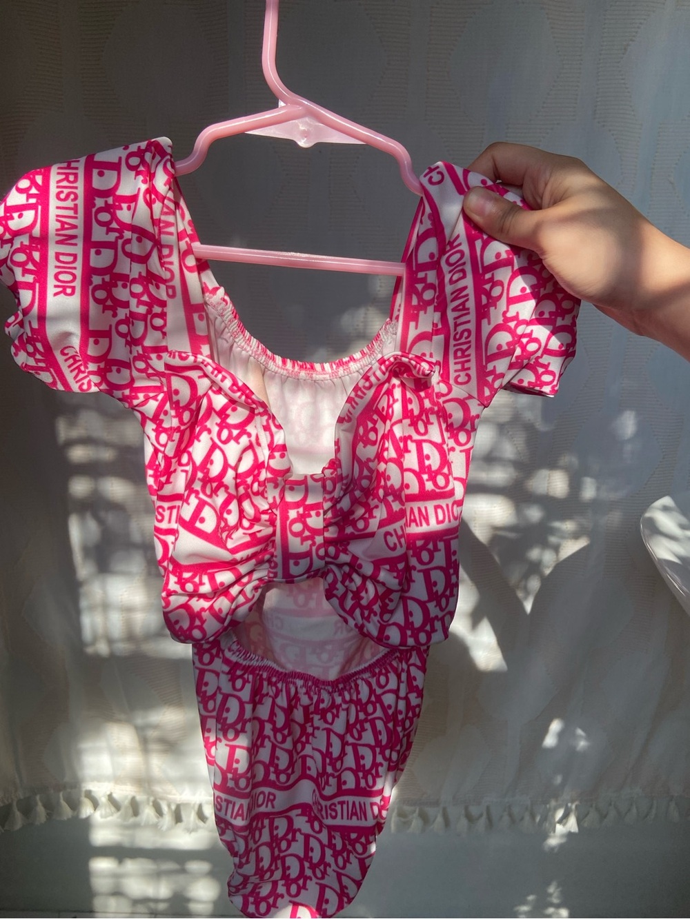 Pink Logo Girls' One-Piece with Puff Sleeves